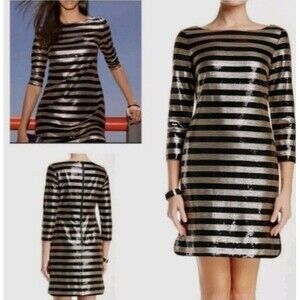 VINCE CAMUTO Women Size 10P Black & Gold Sequin Crew Neck Sheath Dress NWT